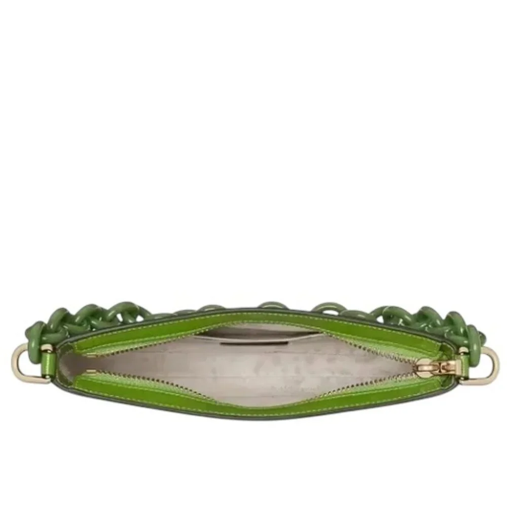 Kate Spade Madison Saffiano Pochette Bag + Card Holder Resin Chain Turtle Green